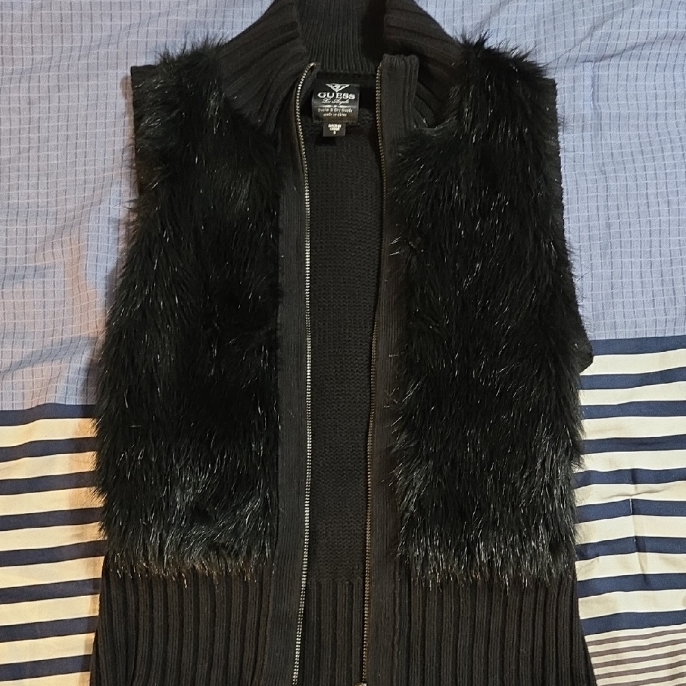 Guess Black Faux Fur Layered Vest